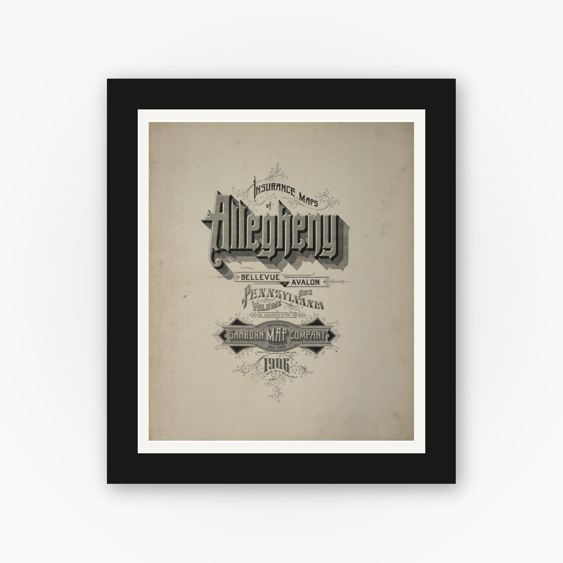 Old map wall art mockup — black gallery frame with white mat — Sanborn Fire Insurance Map from Allegheny, Allegheny County, Pennsylvania (1906), Sheet #0001