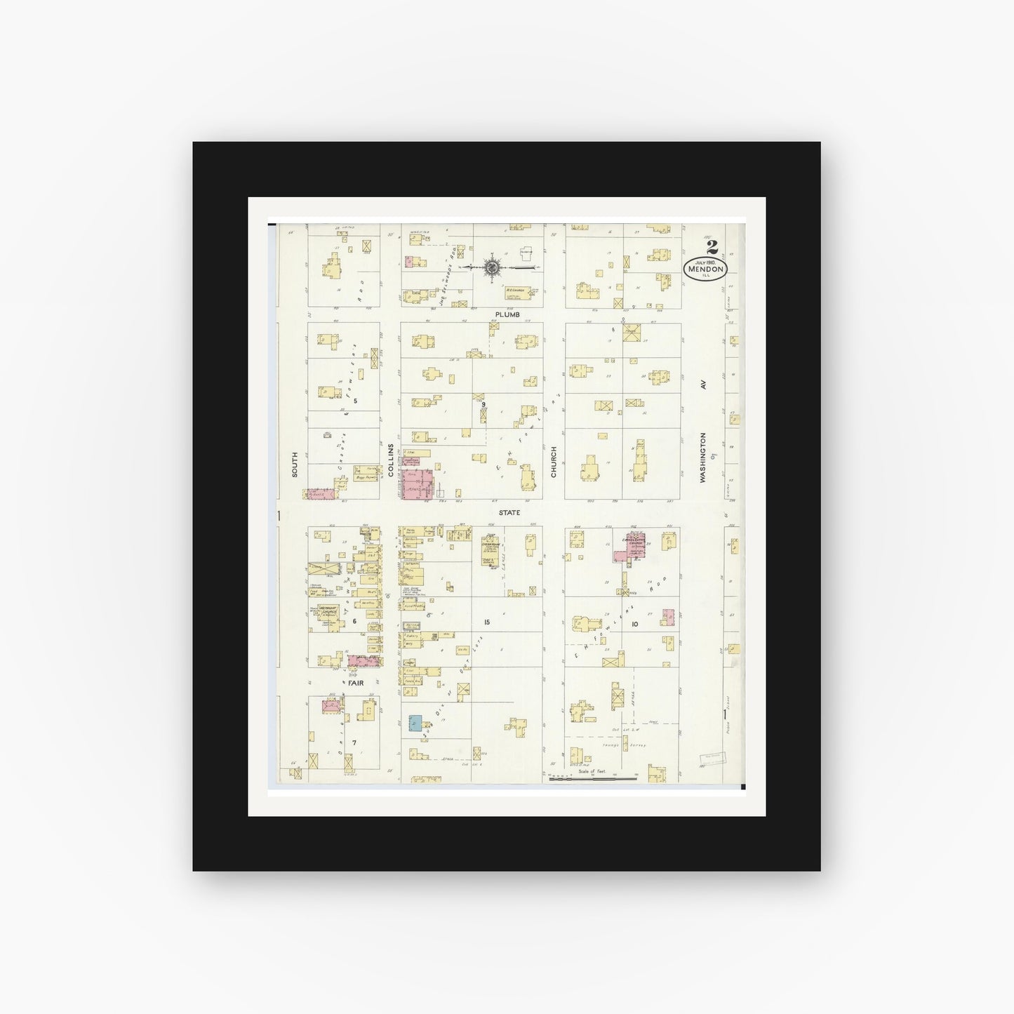 Old map wall art mockup — black gallery frame with white mat — Sanborn Fire Insurance Map from Mendon, Adams County, Illinois (1910), Sheet #0002