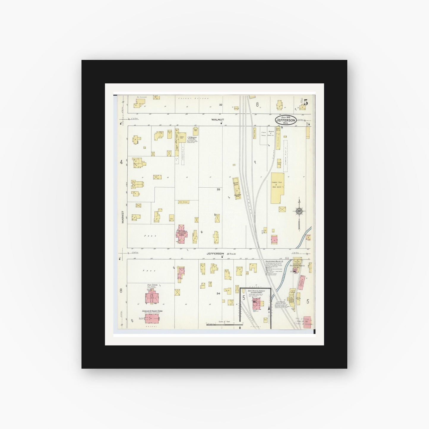 Old map wall art mockup — black gallery frame with white mat — Sanborn Fire Insurance Map from Jefferson, Ashtabula County, Ohio (1915), Sheet #0005