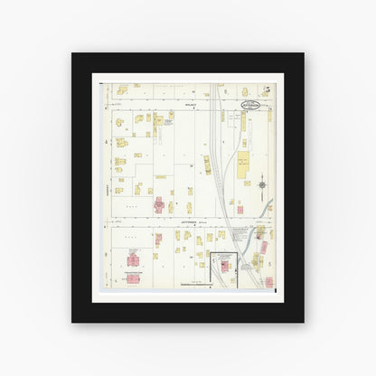 Old map wall art mockup — black gallery frame with white mat — Sanborn Fire Insurance Map from Jefferson, Ashtabula County, Ohio (1915), Sheet #0005