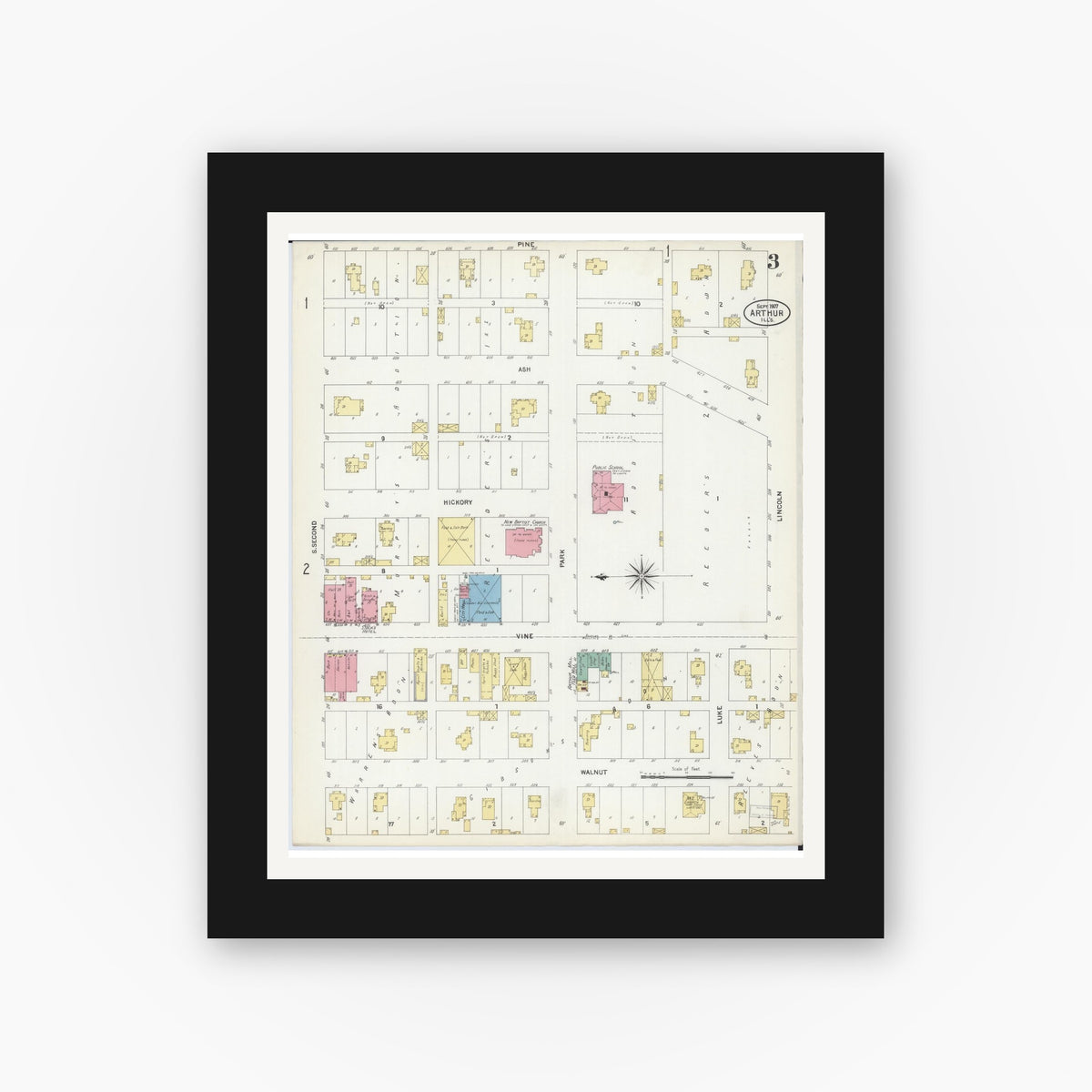 Old map wall art mockup — black gallery frame with white mat — Sanborn Fire Insurance Map from Arthur, Moultrie And Douglas Counties, Illinois (1907), Sheet #0003
