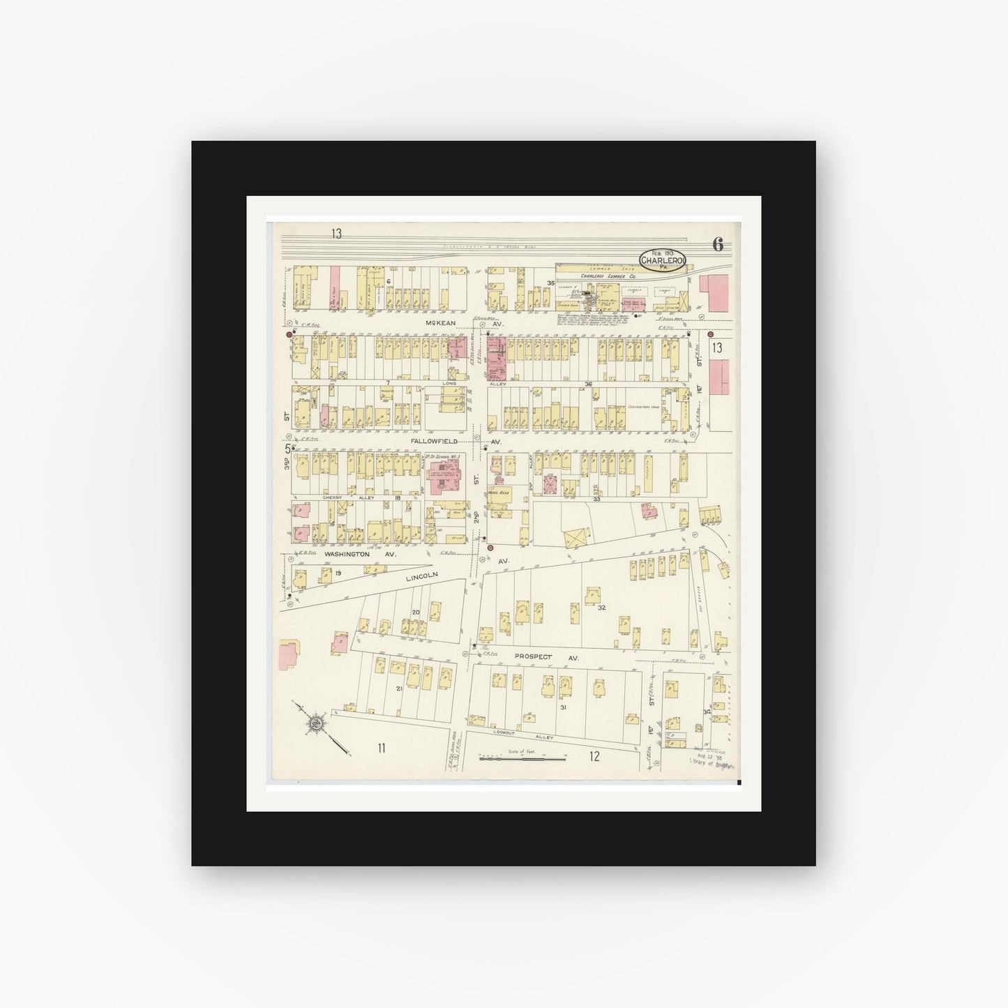 Old map wall art mockup — black gallery frame with white mat — Sanborn Fire Insurance Map from Charleroi, Washington County, Pennsylvania (1913), Sheet #0006