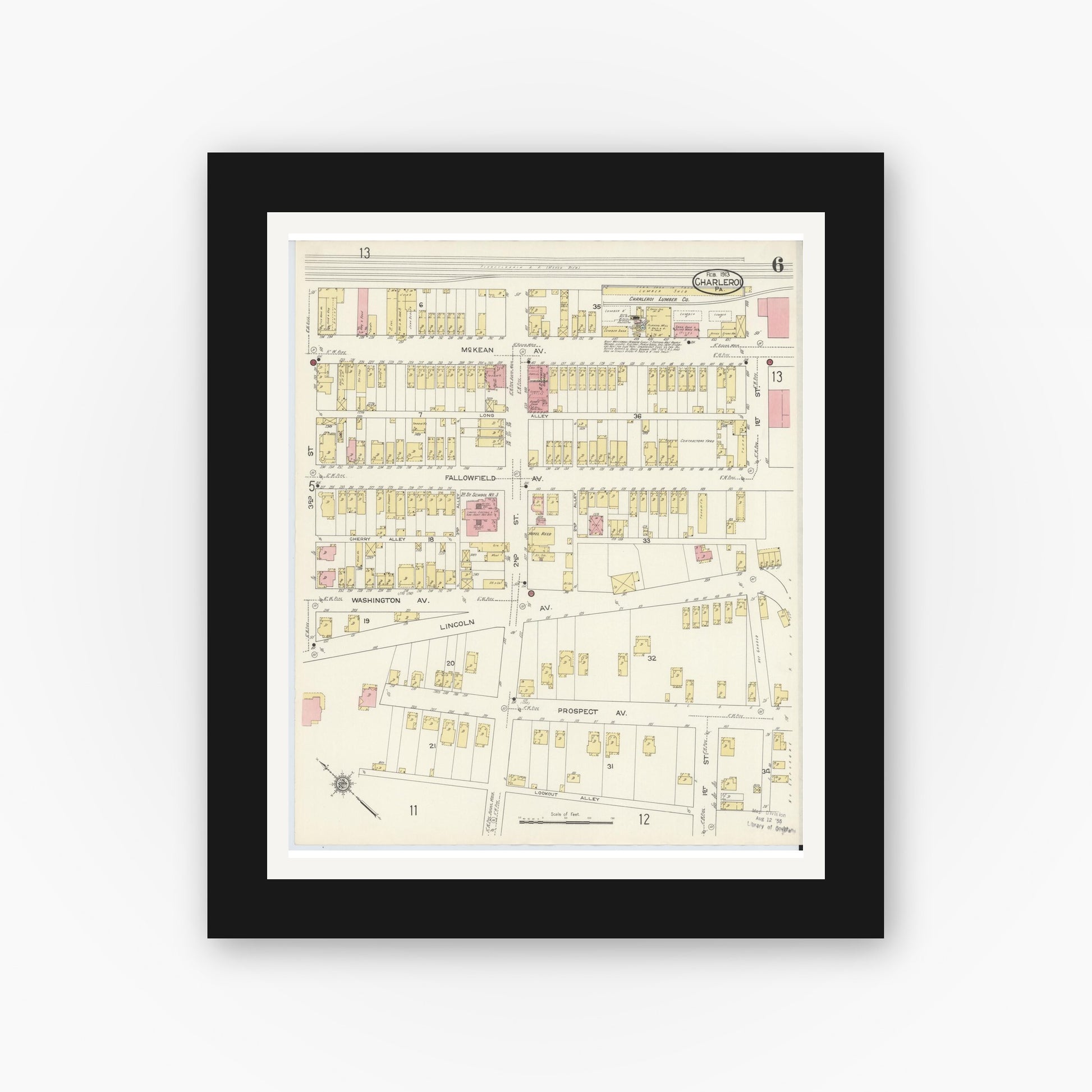 Old map wall art mockup — black gallery frame with white mat — Sanborn Fire Insurance Map from Charleroi, Washington County, Pennsylvania (1913), Sheet #0006