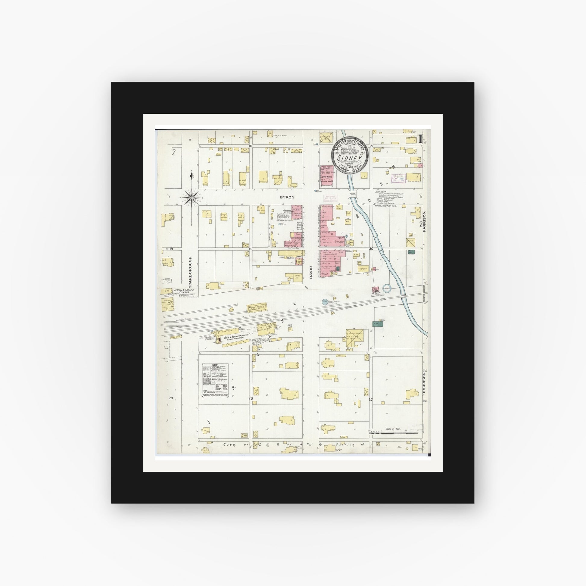 Old map wall art mockup — black gallery frame with white mat — Sanborn Fire Insurance Map from Sidney, Champaign County, Illinois (1909), Sheet #0001