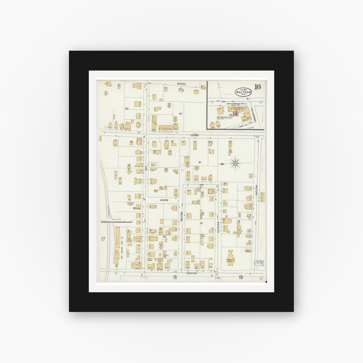 Old map wall art mockup — black gallery frame with white mat — Sanborn Fire Insurance Map from Waltham, Middlesex County, Massachusetts (1897), Sheet #0018