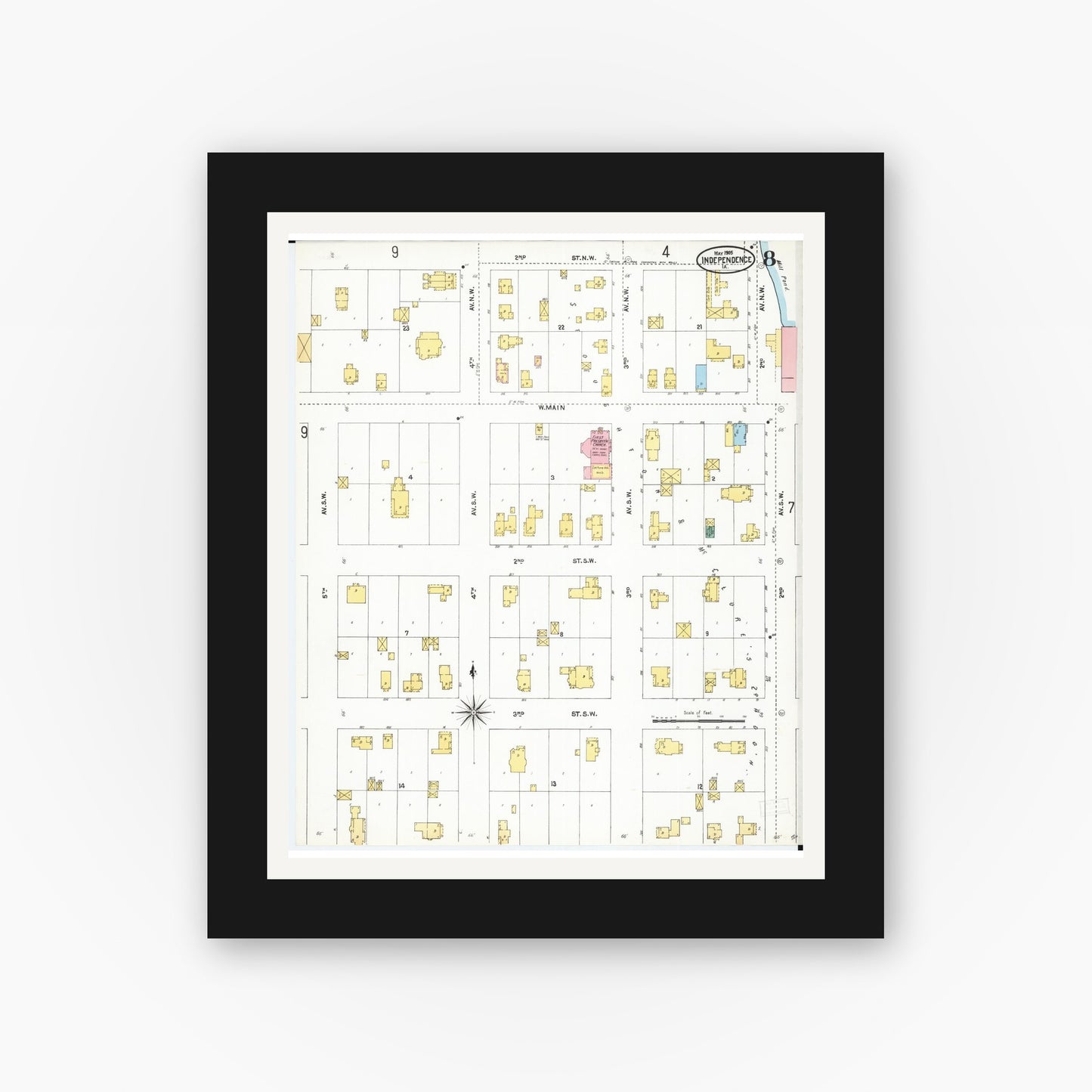 Old map wall art mockup — black gallery frame with white mat — Sanborn Fire Insurance Map from Independence, Buchanan County, Iowa (1905), Sheet #0008