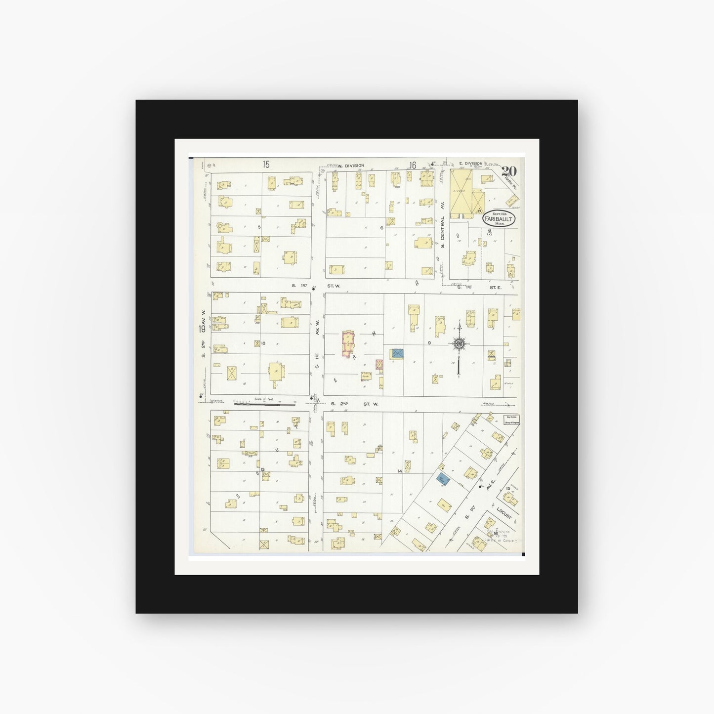 Old map wall art mockup — black gallery frame with white mat — Sanborn Fire Insurance Map from Faribault, Rice County, Minnesota (1914), Sheet #0020