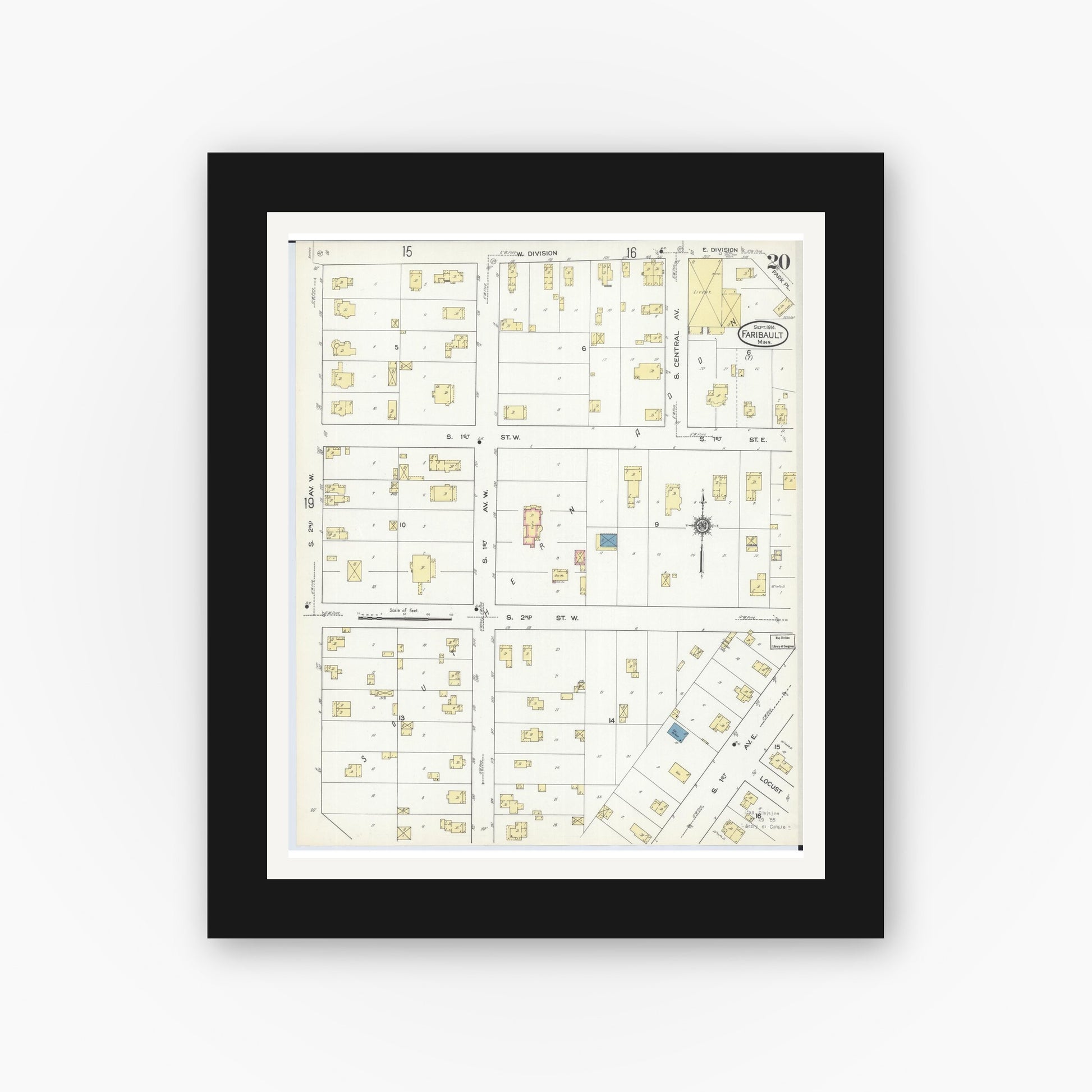 Old map wall art mockup — black gallery frame with white mat — Sanborn Fire Insurance Map from Faribault, Rice County, Minnesota (1914), Sheet #0020