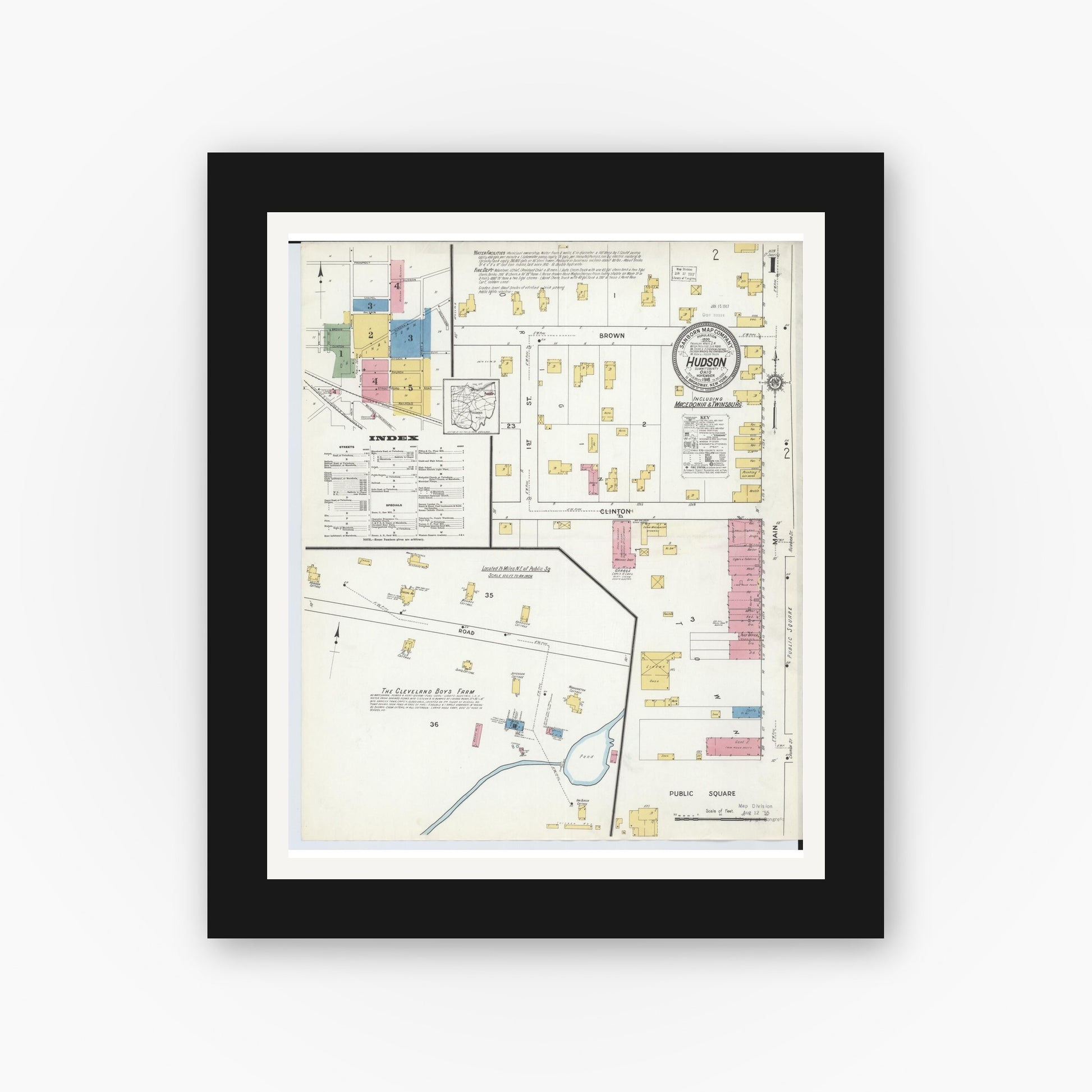 Old map wall art mockup — black gallery frame with white mat — Sanborn Fire Insurance Map from Hudson, Summit County, Ohio (1916), Sheet #0001