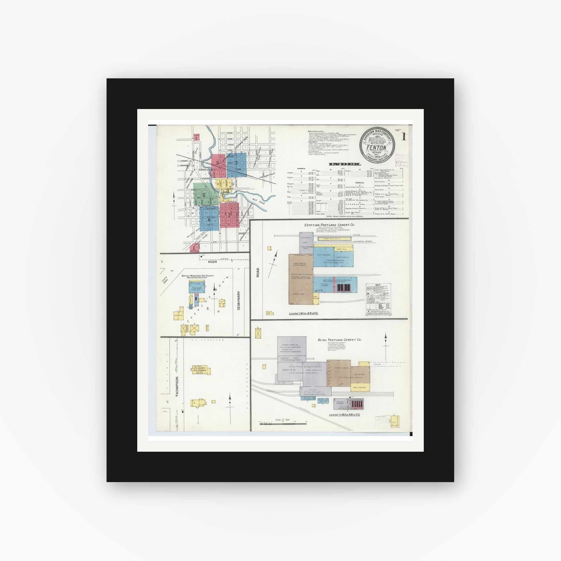 Old map wall art mockup — black gallery frame with white mat — Sanborn Fire Insurance Map from Fenton, Genesee County, Michigan (1908), Sheet #0001