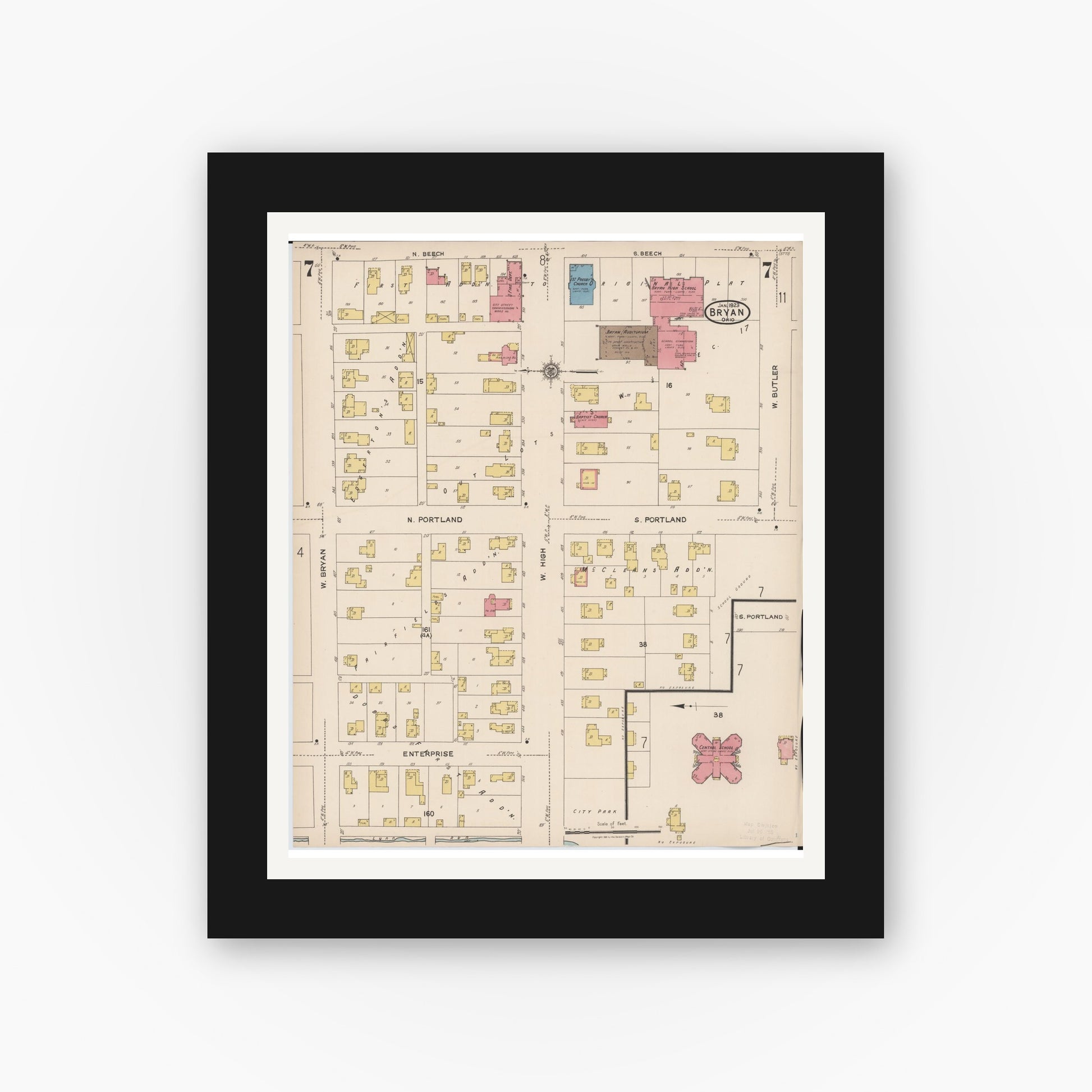 Old map wall art mockup — black gallery frame with white mat — Sanborn Fire Insurance Map from Bryan, Williams County, Ohio (1923), Sheet #0007