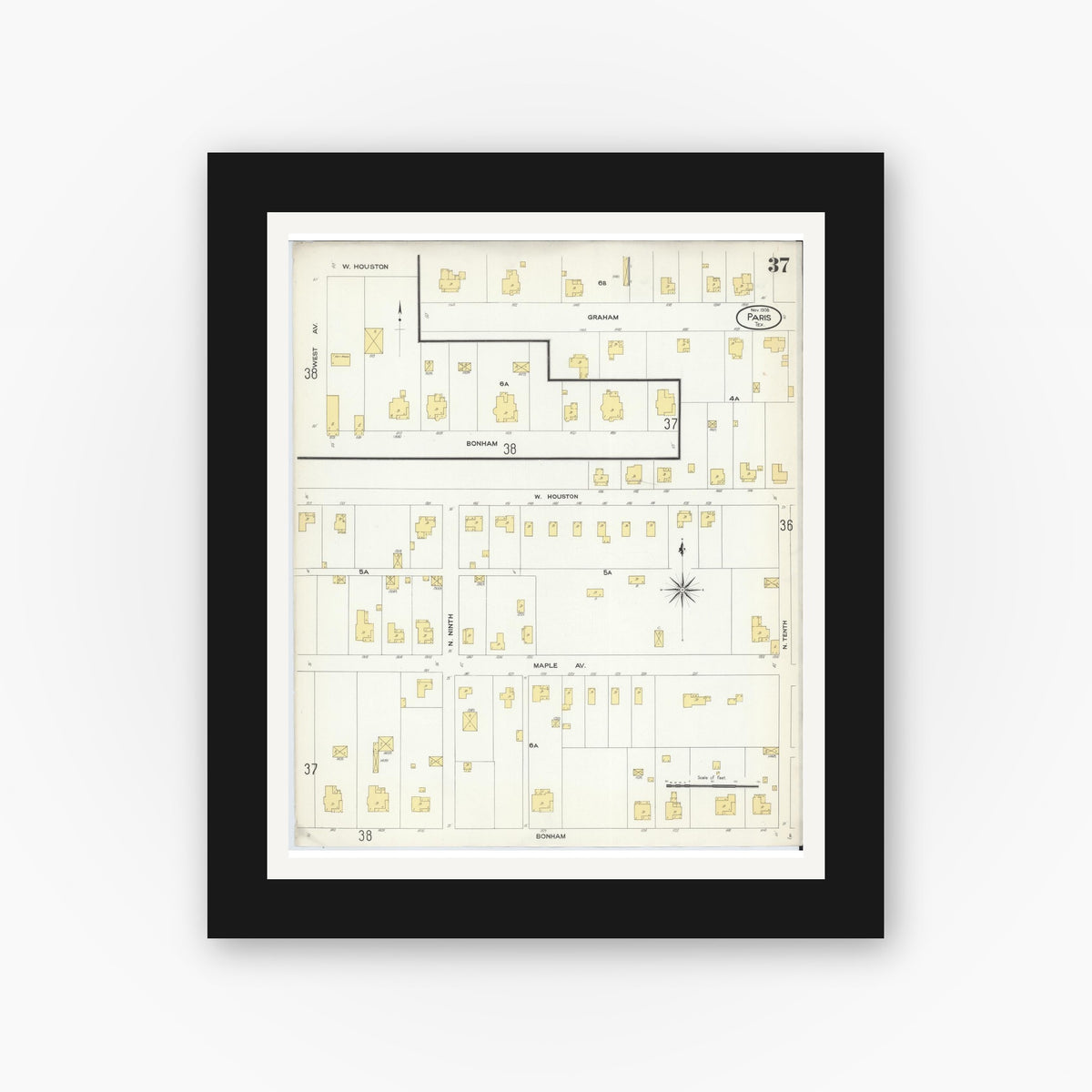 Old map wall art mockup — black gallery frame with white mat — Sanborn Fire Insurance Map from Paris, Lamar County, Texas (1908), Sheet #0037