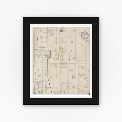 Old map wall art mockup — black gallery frame with white mat — Sanborn Fire Insurance Map from Saint Croix Falls, Polk County, Wisconsin (1885), Sheet #0001