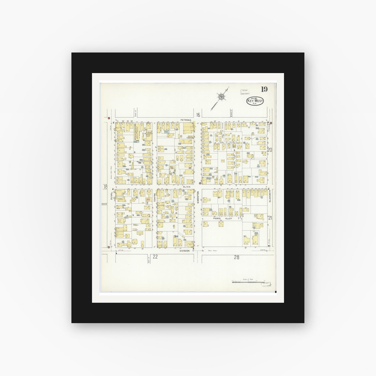 Old map wall art mockup — black gallery frame with white mat — Sanborn Fire Insurance Map from Key West, Monroe County, Florida (1912), Sheet #0019