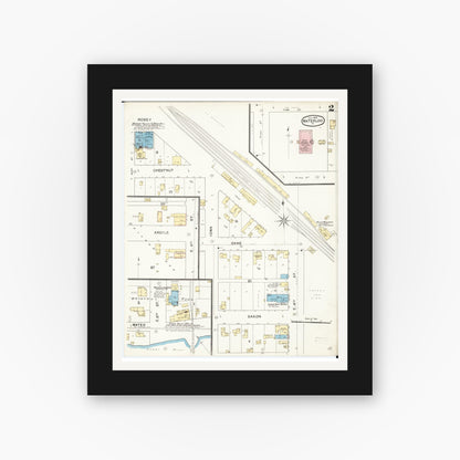 Old map wall art mockup — black gallery frame with white mat — Sanborn Fire Insurance Map from Waterloo, Black Hawk County, Iowa (1892), Sheet #0002