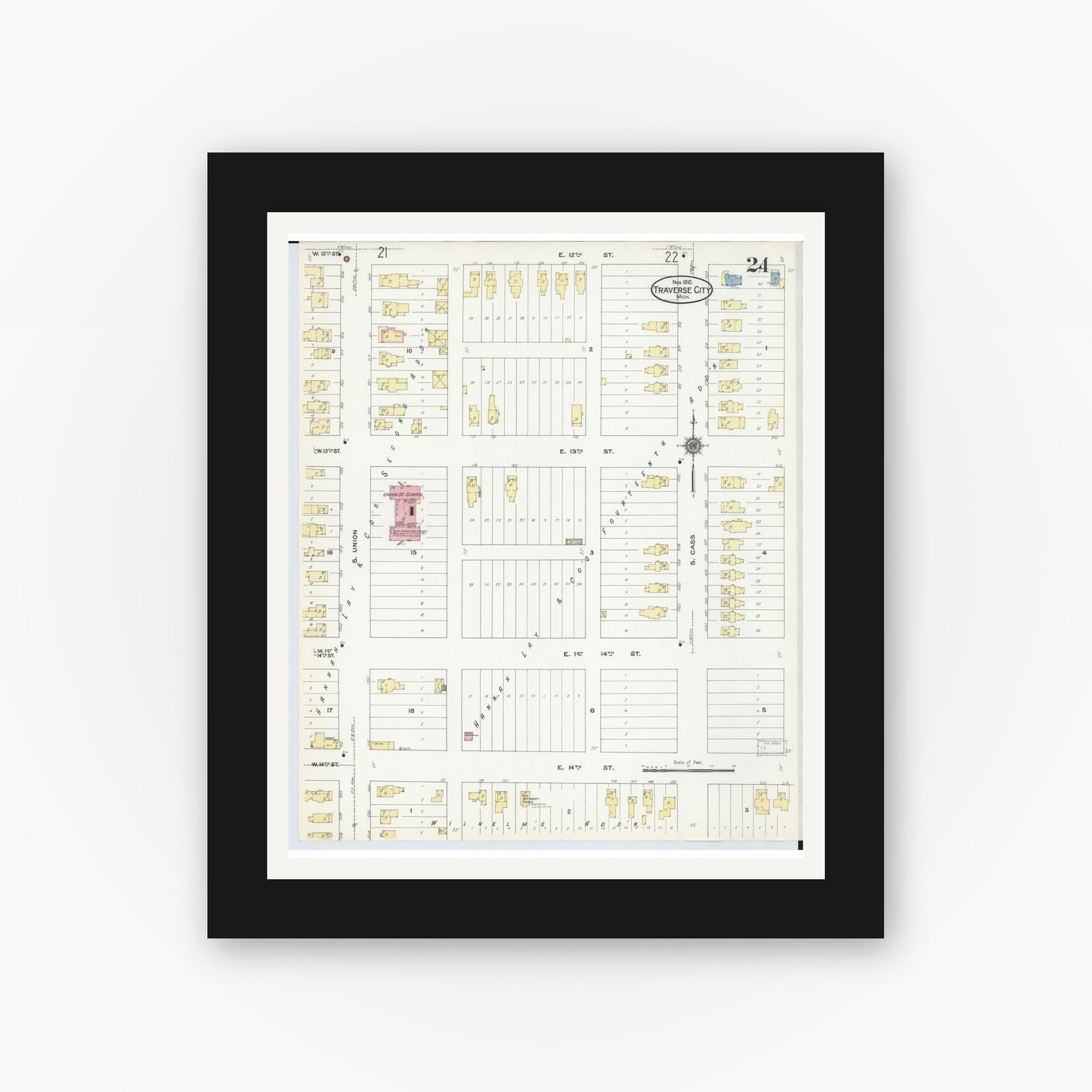 Old map wall art mockup — black gallery frame with white mat — Sanborn Fire Insurance Map from Traverse City, Grand Traverse County, Michigan (1910), Sheet #0024