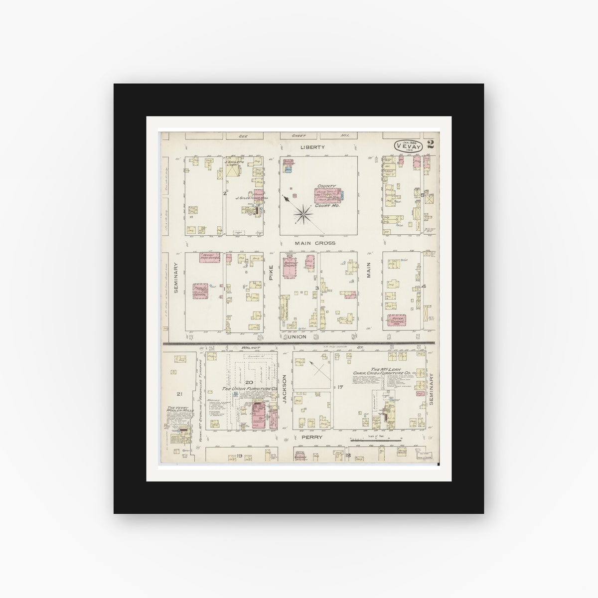 Old map wall art mockup — black gallery frame with white mat — Sanborn Fire Insurance Map from Vevay, Switzerland County, Indiana (1886), Sheet #0002