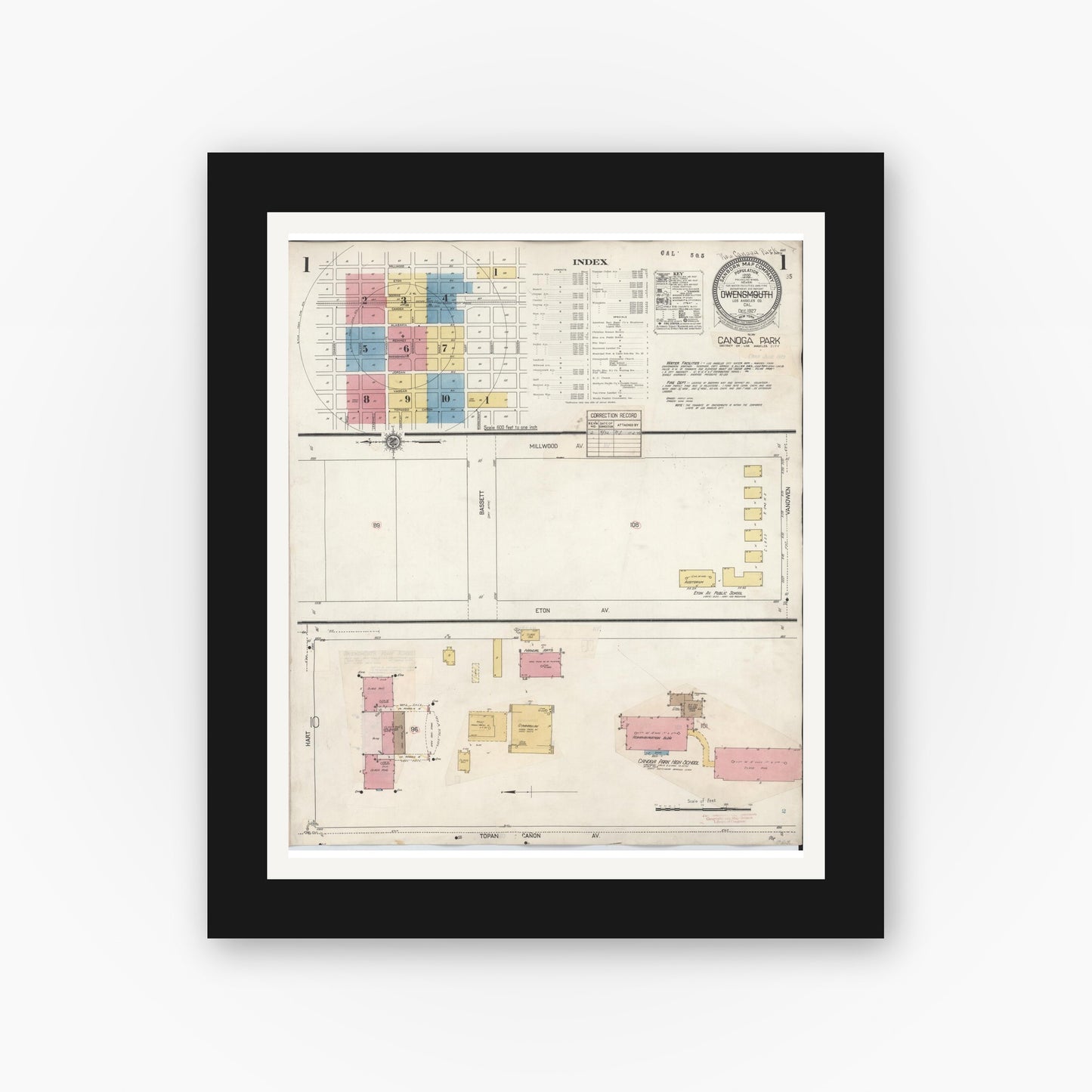 Old map wall art mockup — black gallery frame with white mat — Sanborn Fire Insurance Map from Canoga Park, Los Angeles County, California (1932), Sheet #0001