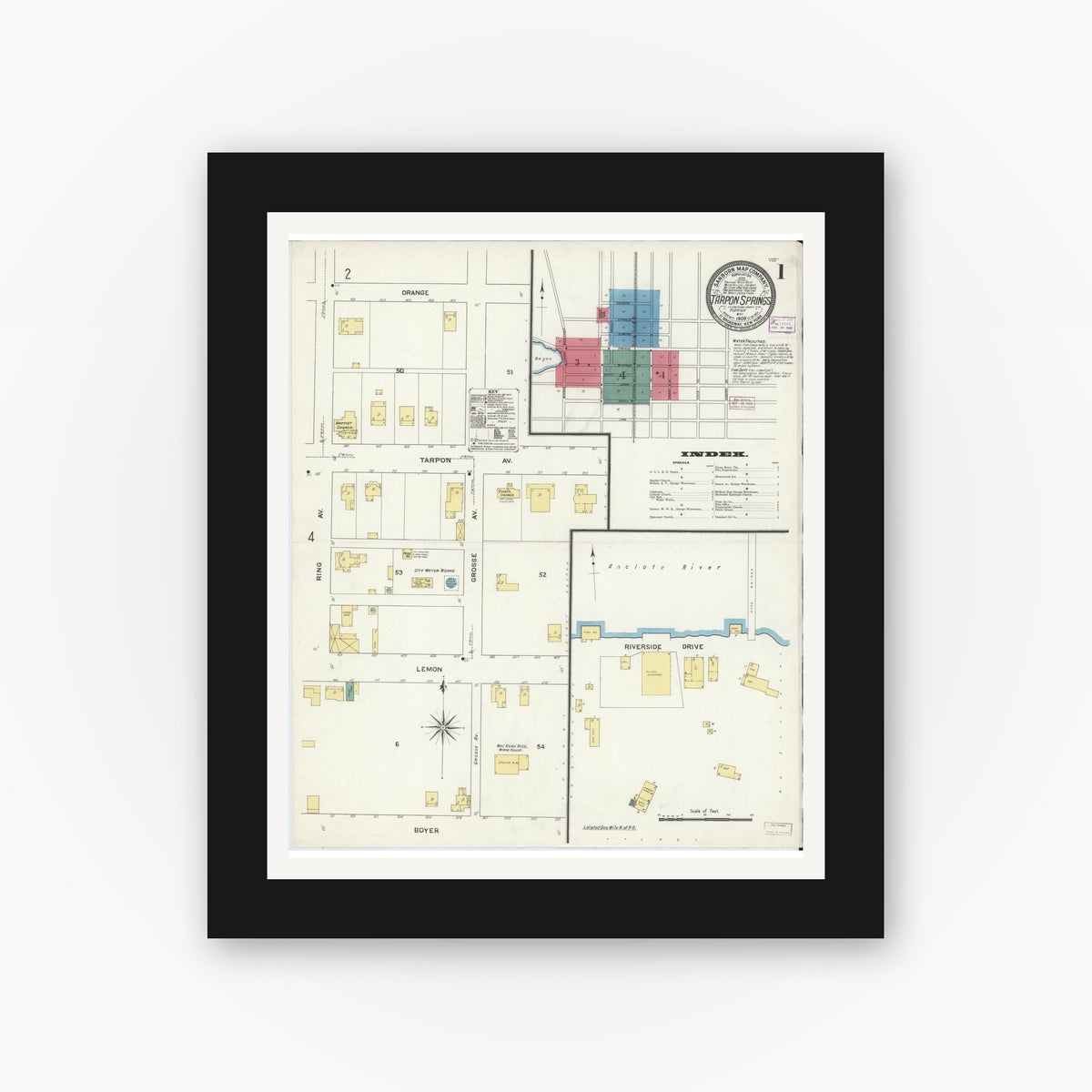 Old map wall art mockup — black gallery frame with white mat — Sanborn Fire Insurance Map from Tarpon Springs, Pinellas County, Florida (1909) - Complete Map Set