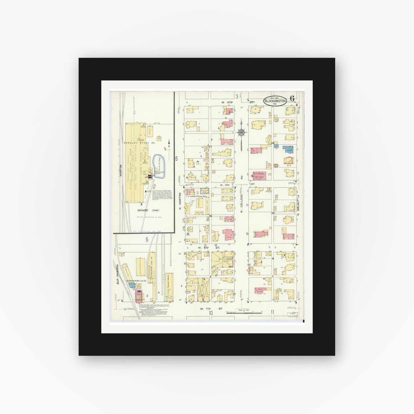 Old map wall art mockup — black gallery frame with white mat — Sanborn Fire Insurance Map from Bloomington, Monroe County, Indiana (1913), Sheet #0006
