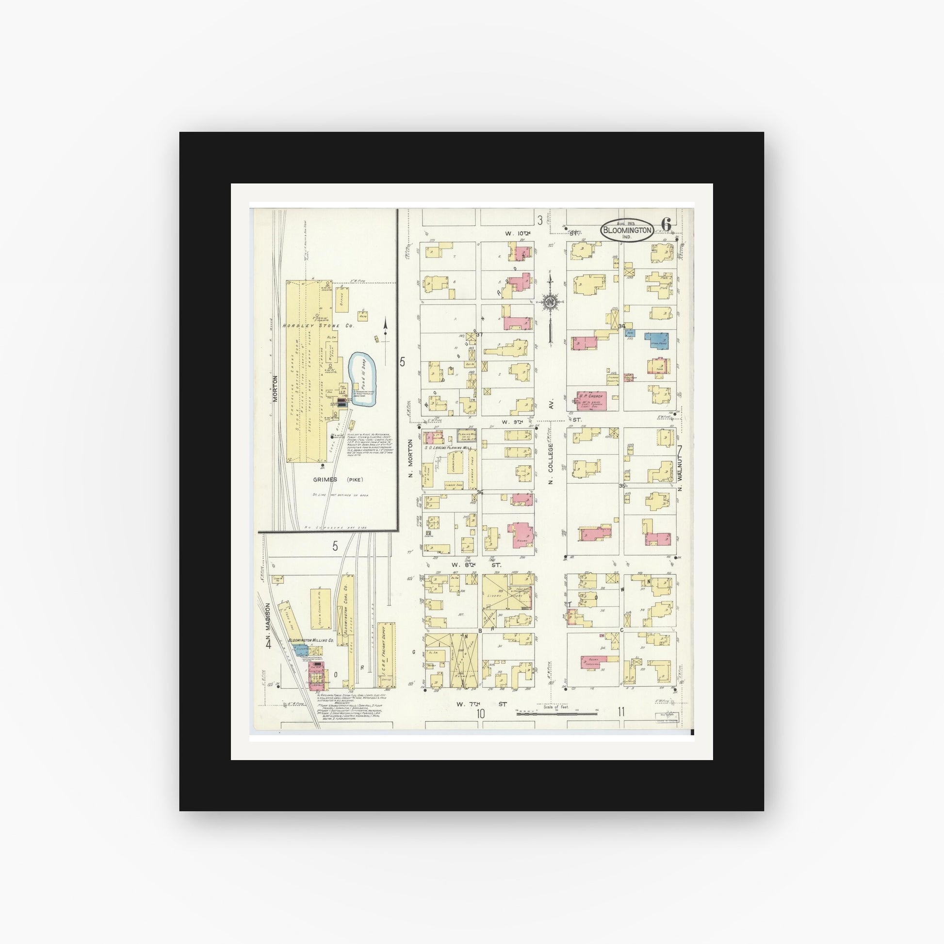 Old map wall art mockup — black gallery frame with white mat — Sanborn Fire Insurance Map from Bloomington, Monroe County, Indiana (1913), Sheet #0006