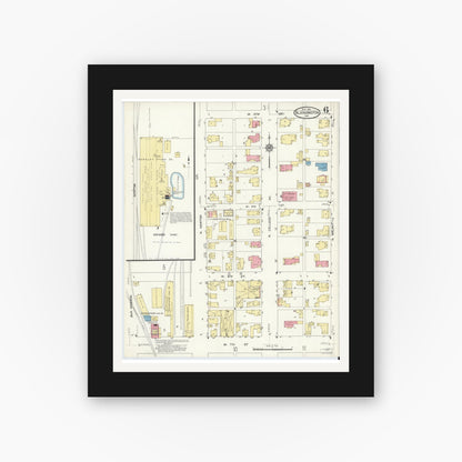 Old map wall art mockup — black gallery frame with white mat — Sanborn Fire Insurance Map from Bloomington, Monroe County, Indiana (1913), Sheet #0006