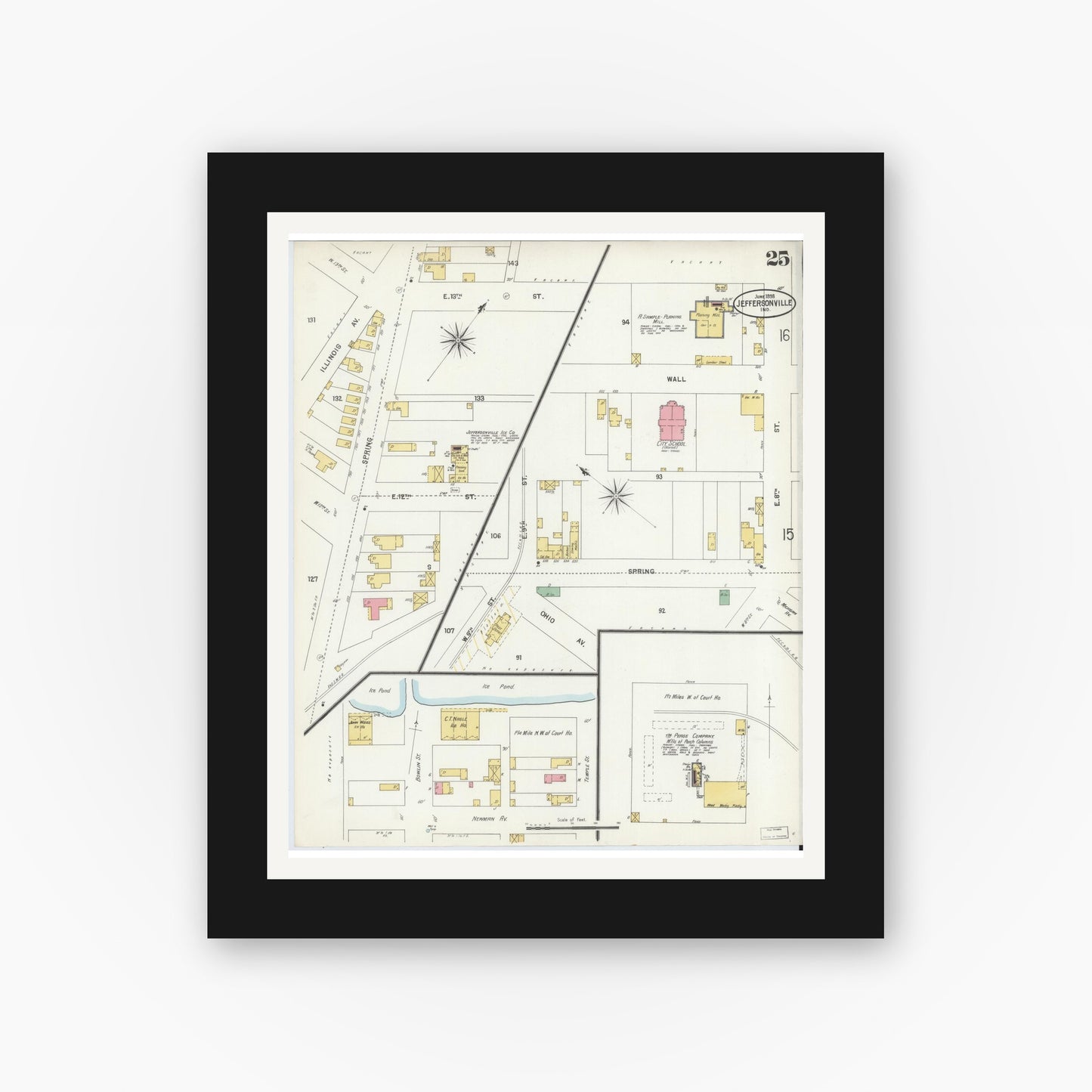 Old map wall art mockup — black gallery frame with white mat — Sanborn Fire Insurance Map from Jeffersonville, Clark County, Indiana (1898), Sheet #0025