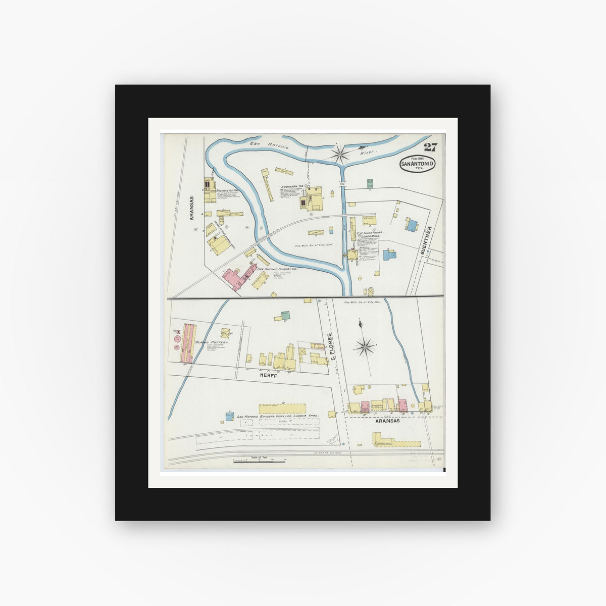 Old map wall art mockup — black gallery frame with white mat — Sanborn Fire Insurance Map from San Antonio, Bexar County, Texas (1892), Sheet #0027