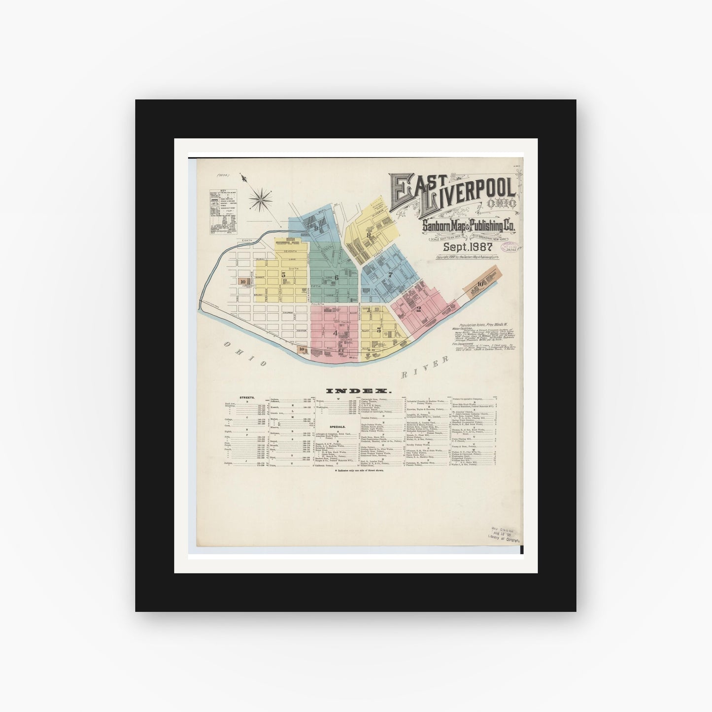 Old map wall art mockup — black gallery frame with white mat — Sanborn Fire Insurance Map from East Liverpool, Columbiana County, Ohio (1887) - Complete Map Set