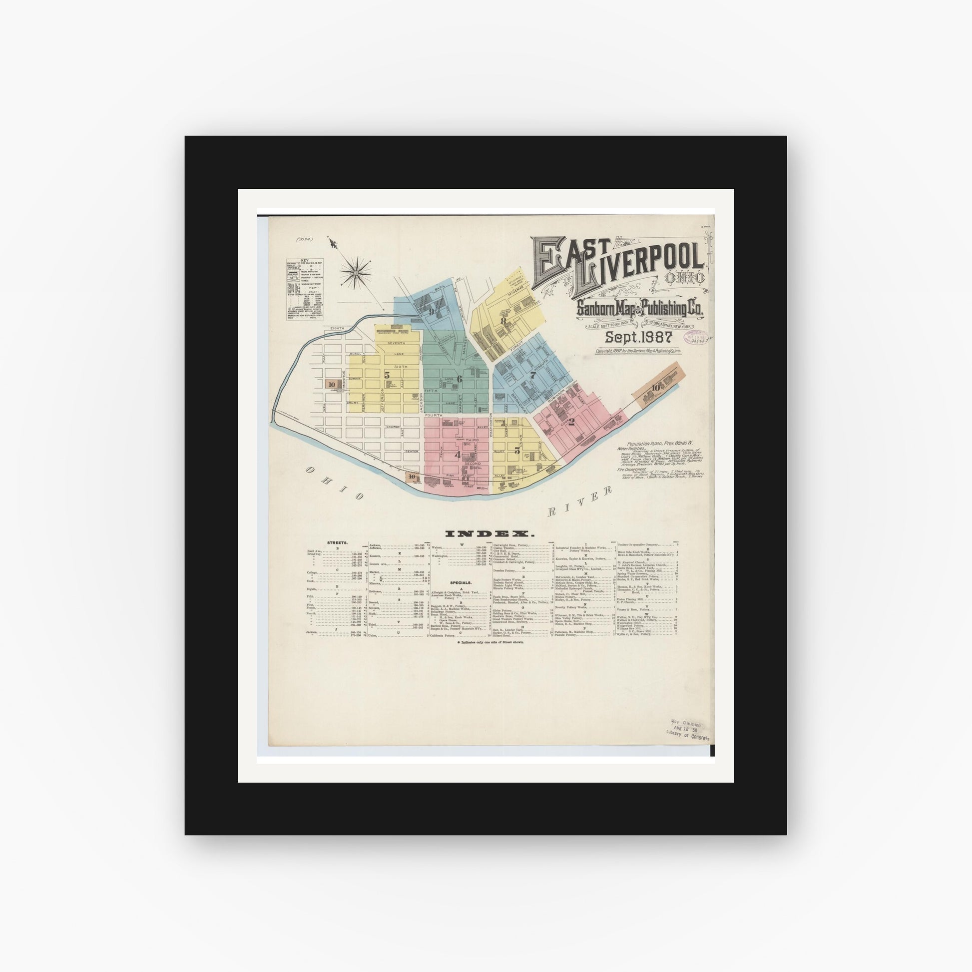 Old map wall art mockup — black gallery frame with white mat — Sanborn Fire Insurance Map from East Liverpool, Columbiana County, Ohio (1887) - Complete Map Set
