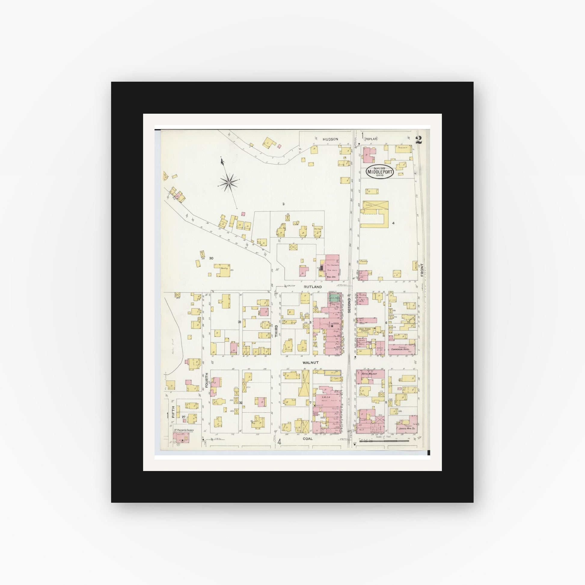 Old map wall art mockup — black gallery frame with white mat — Sanborn Fire Insurance Map from Middleport, Meigs County, Ohio (1908), Sheet #0002