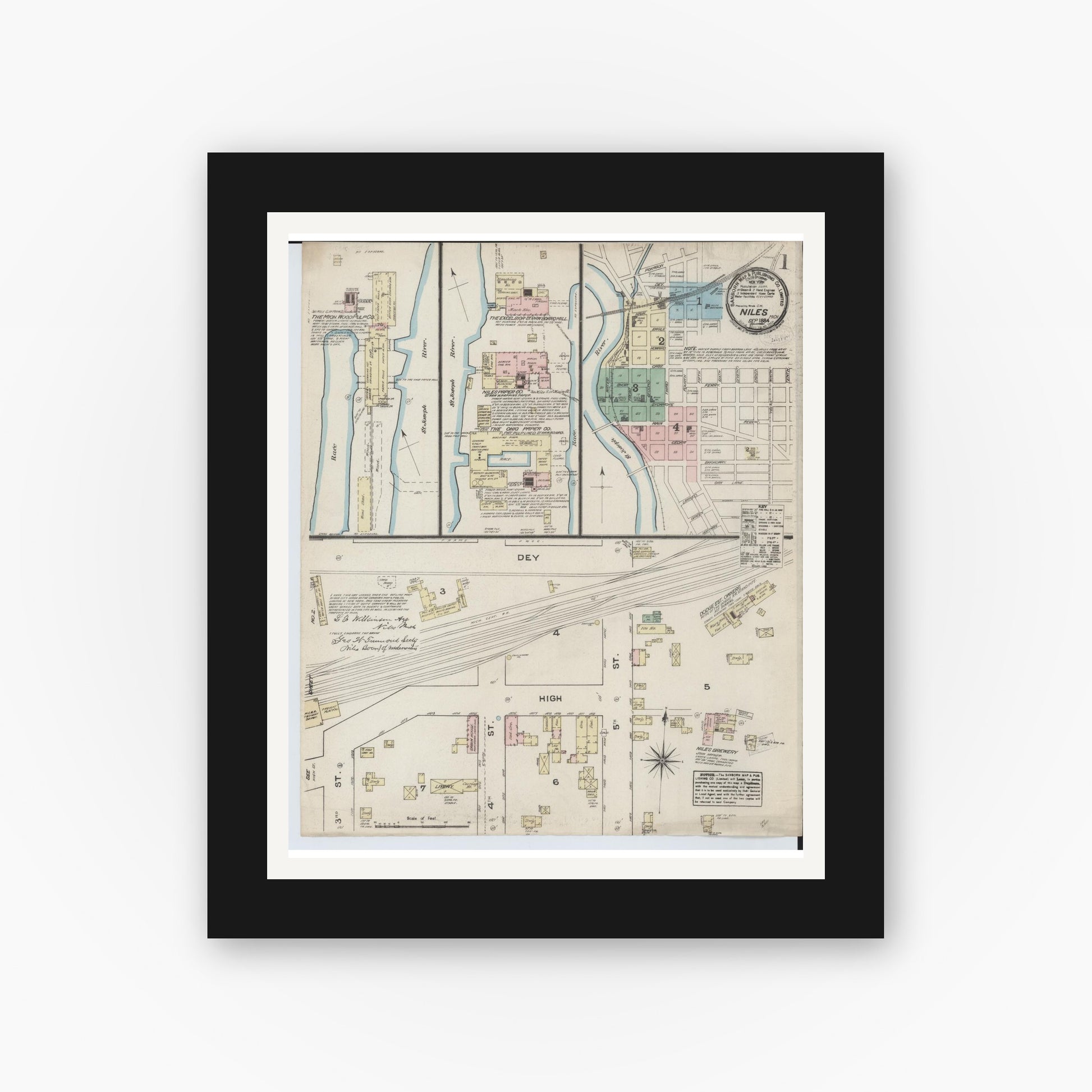 Old map wall art mockup — black gallery frame with white mat — Sanborn Fire Insurance Map from Niles, Berrien County, Michigan (1884) - Complete Map Set