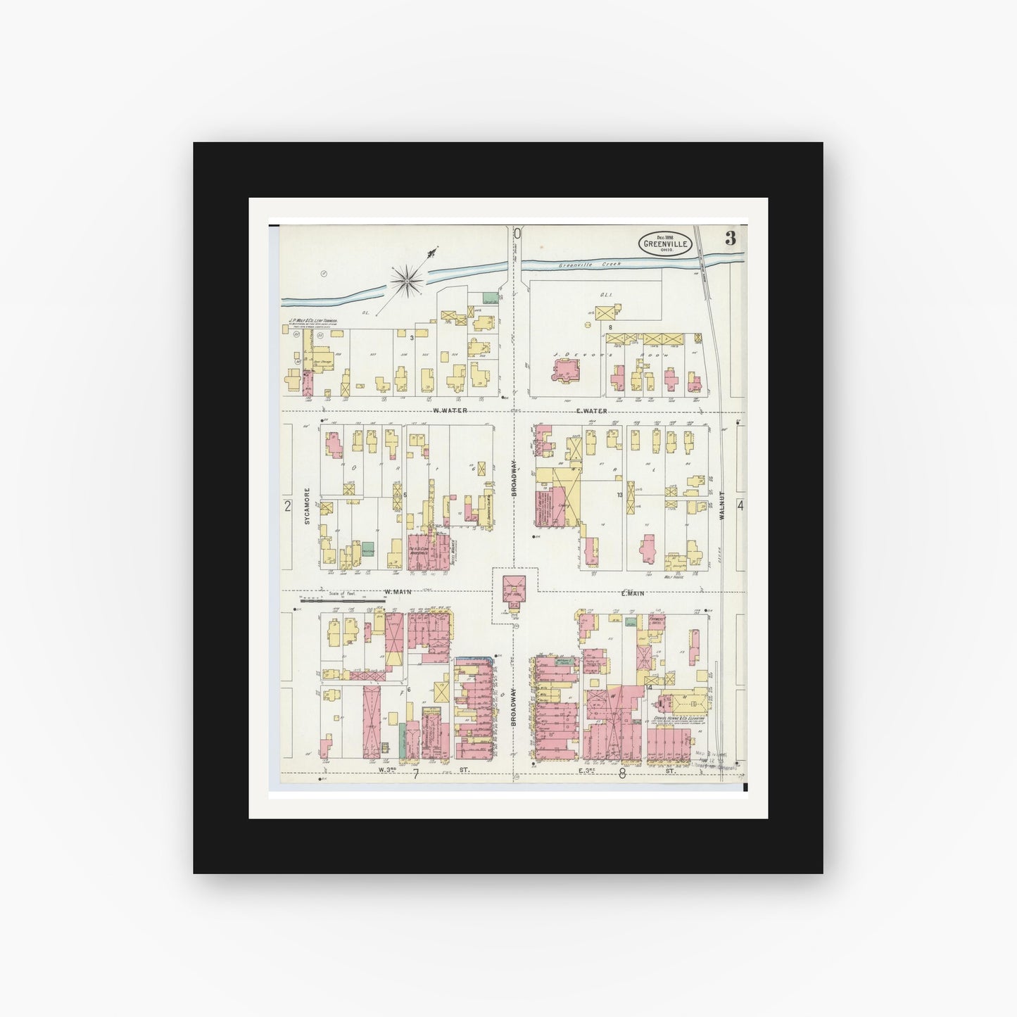 Old map wall art mockup — black gallery frame with white mat — Sanborn Fire Insurance Map from Greenville, Darke County, Ohio (1898), Sheet #0003
