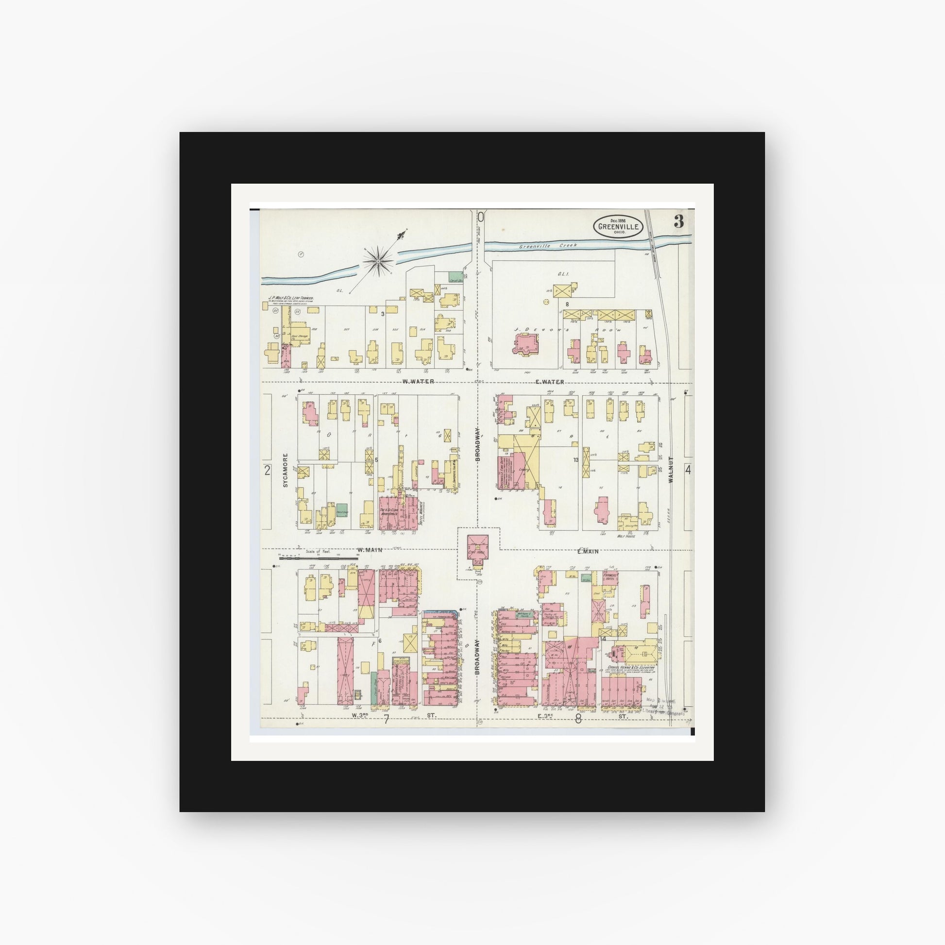 Old map wall art mockup — black gallery frame with white mat — Sanborn Fire Insurance Map from Greenville, Darke County, Ohio (1898), Sheet #0003