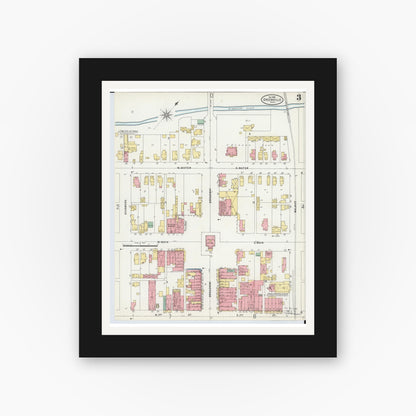 Old map wall art mockup — black gallery frame with white mat — Sanborn Fire Insurance Map from Greenville, Darke County, Ohio (1898), Sheet #0003