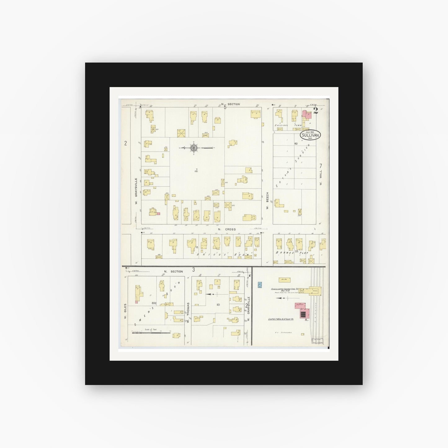 Old map wall art mockup — black gallery frame with white mat — Sanborn Fire Insurance Map from Sullivan, Sullivan County, Indiana (1913), Sheet #0002