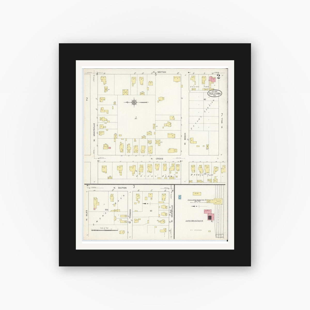 Old map wall art mockup — black gallery frame with white mat — Sanborn Fire Insurance Map from Sullivan, Sullivan County, Indiana (1913), Sheet #0002