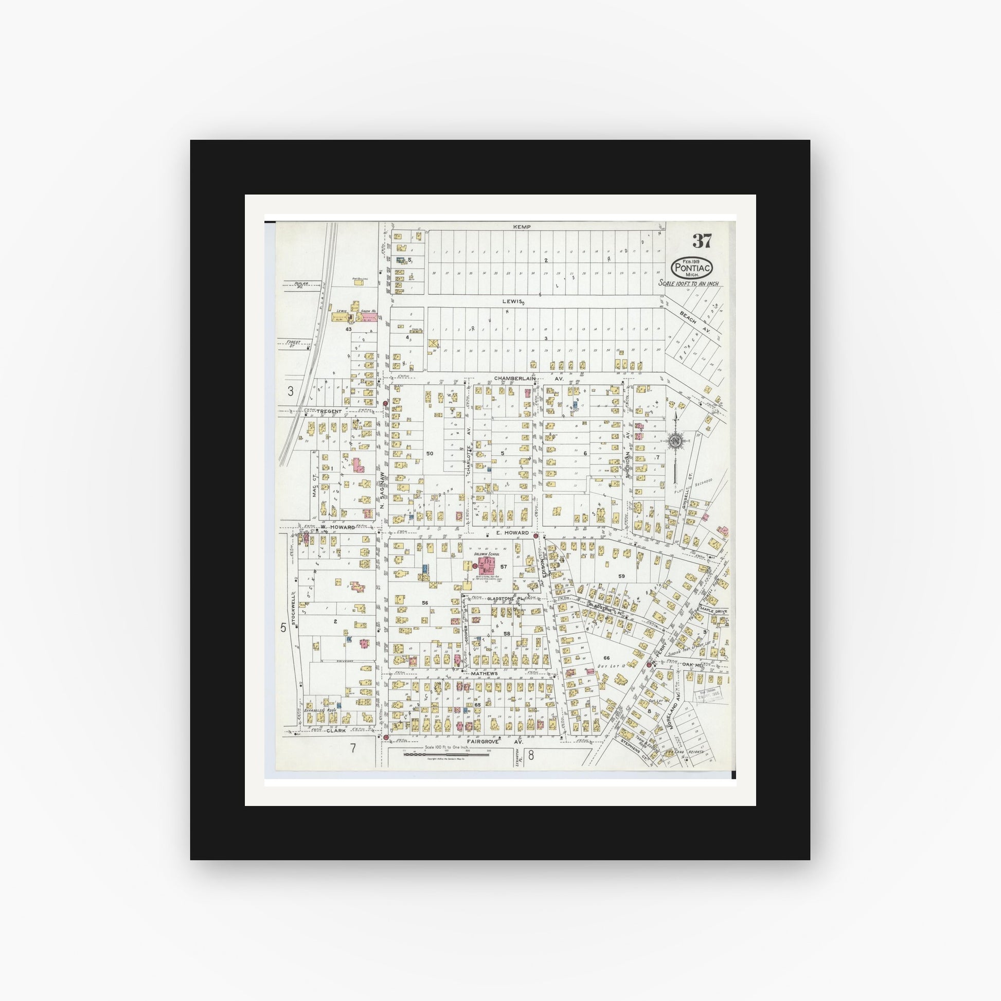 Old map wall art mockup — black gallery frame with white mat — Sanborn Fire Insurance Map from Pontiac, Oakland County, Michigan (1919), Sheet #0037