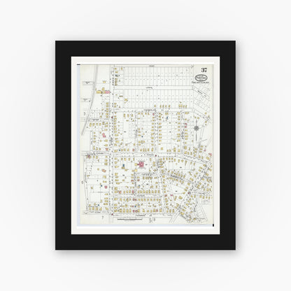 Old map wall art mockup — black gallery frame with white mat — Sanborn Fire Insurance Map from Pontiac, Oakland County, Michigan (1919), Sheet #0037