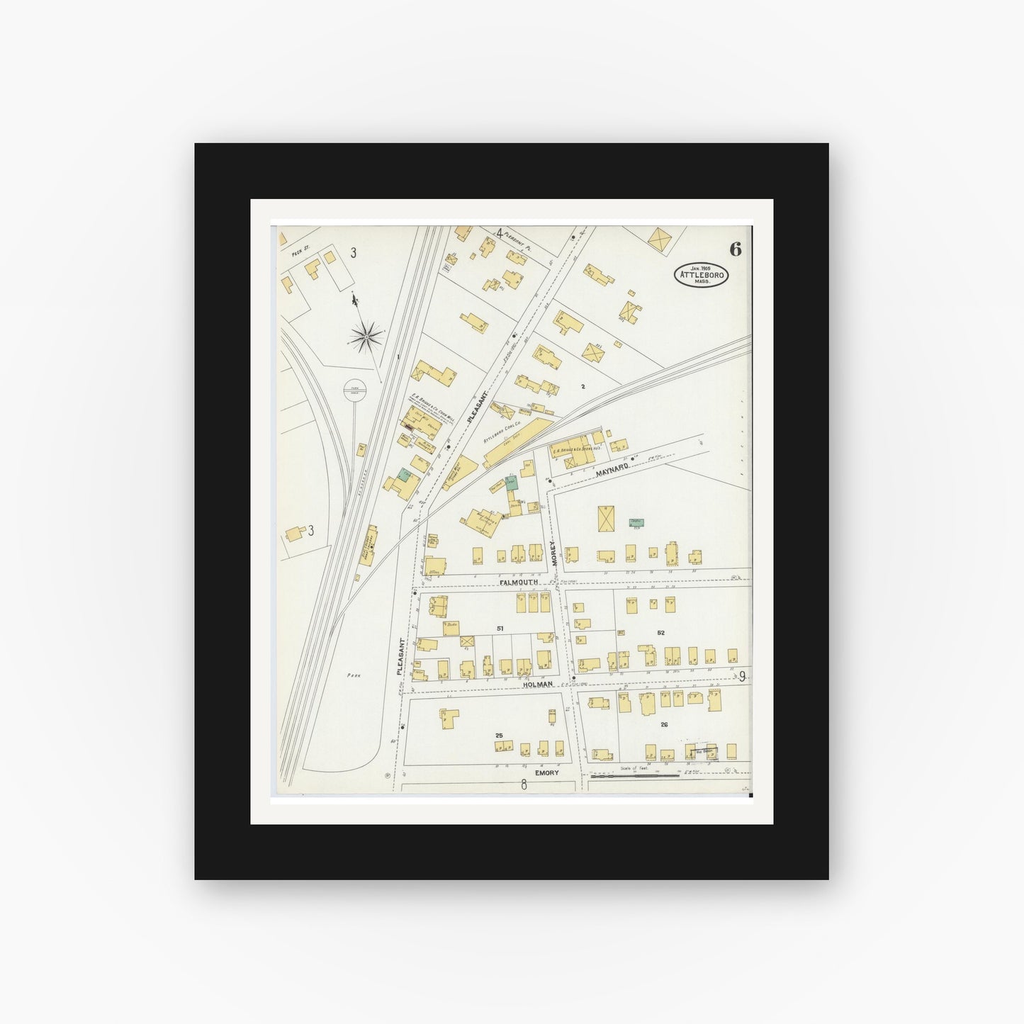 Old map wall art mockup — black gallery frame with white mat — Sanborn Fire Insurance Map from Attleboro, Bristol County, Massachusetts (1905), Sheet #0006