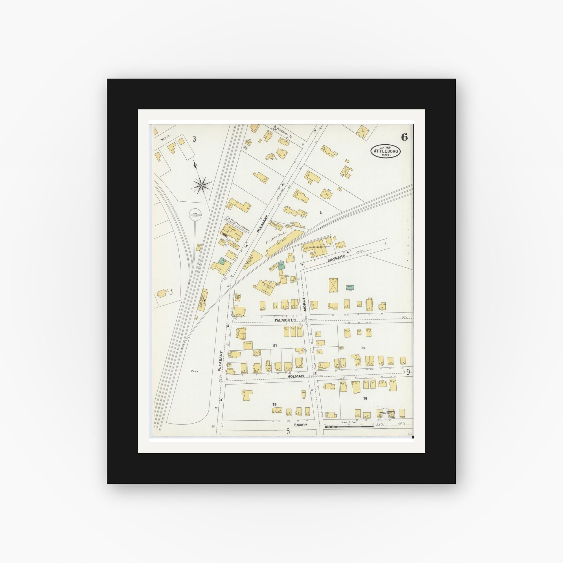 Old map wall art mockup — black gallery frame with white mat — Sanborn Fire Insurance Map from Attleboro, Bristol County, Massachusetts (1905), Sheet #0006
