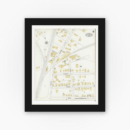 Old map wall art mockup — black gallery frame with white mat — Sanborn Fire Insurance Map from Attleboro, Bristol County, Massachusetts (1905), Sheet #0006
