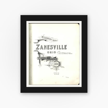 Old map wall art mockup — black gallery frame with white mat — Sanborn Fire Insurance Map from Zanesville, Muskingum County, Ohio (1955), Sheet #0001