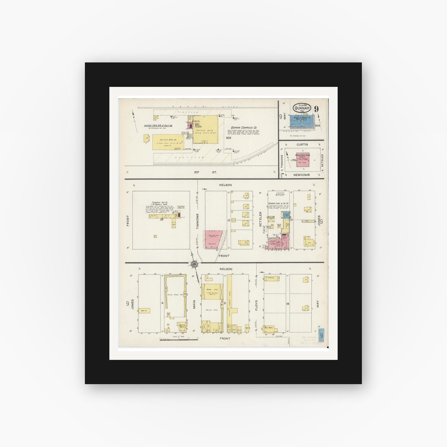 Old map wall art mockup — black gallery frame with white mat — Sanborn Fire Insurance Map from Quanah, Hardeman County, Texas (1915), Sheet #0009