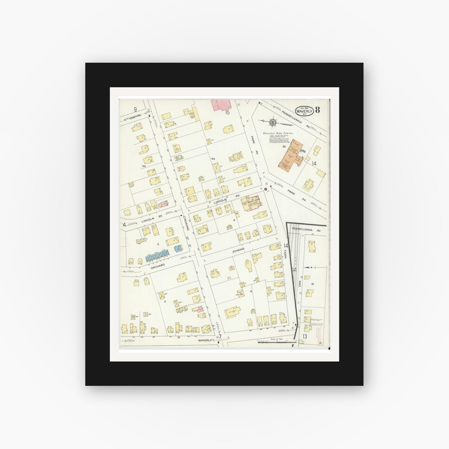 Old map wall art mockup — black gallery frame with white mat — Sanborn Fire Insurance Map from Waverly, Tioga County, New York (1914), Sheet #0008