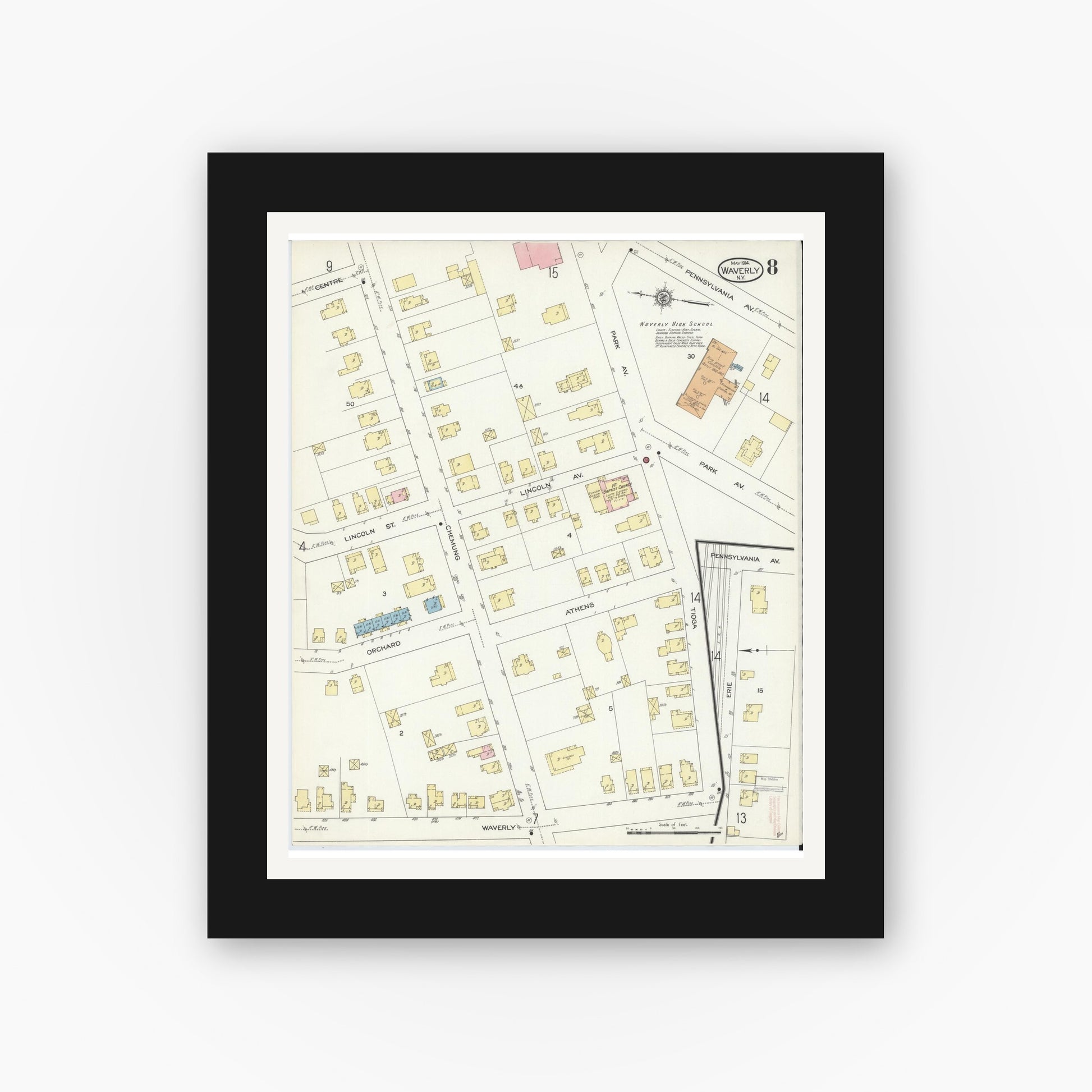 Old map wall art mockup — black gallery frame with white mat — Sanborn Fire Insurance Map from Waverly, Tioga County, New York (1914), Sheet #0008