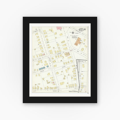 Old map wall art mockup — black gallery frame with white mat — Sanborn Fire Insurance Map from Waverly, Tioga County, New York (1914), Sheet #0008
