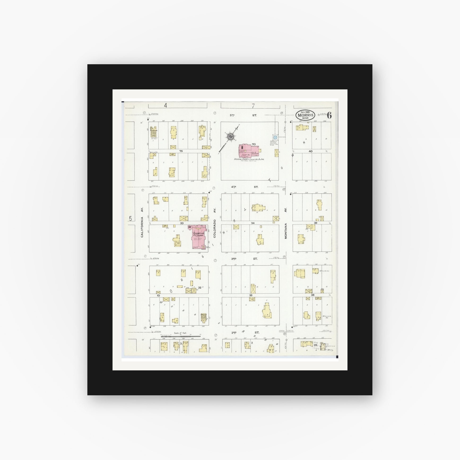 Old map wall art mockup — black gallery frame with white mat — Sanborn Fire Insurance Map from Morris, Stevens County, Minnesota (1909), Sheet #0006