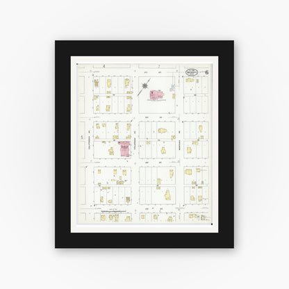 Old map wall art mockup — black gallery frame with white mat — Sanborn Fire Insurance Map from Morris, Stevens County, Minnesota (1909), Sheet #0006