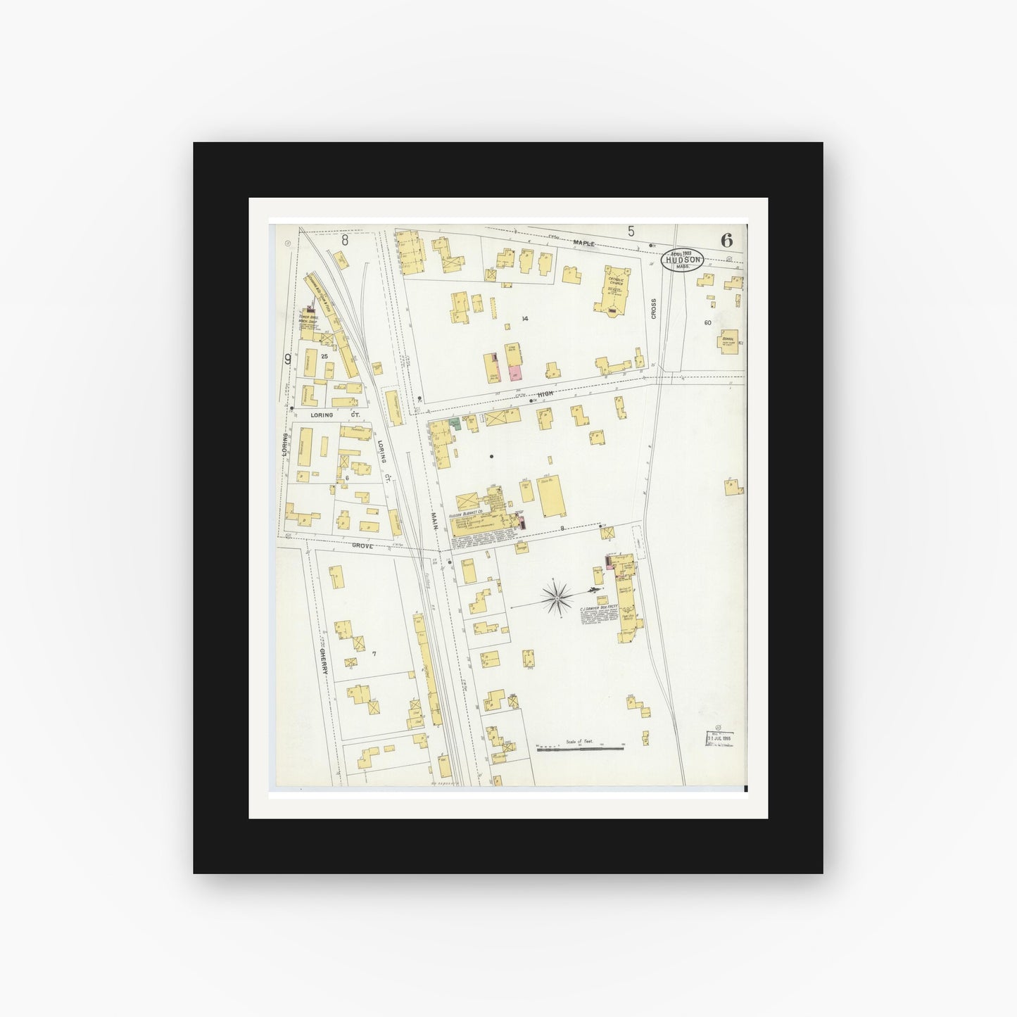 Old map wall art mockup — black gallery frame with white mat — Sanborn Fire Insurance Map from Hudson, Middlesex County, Massachusetts (1903), Sheet #0006